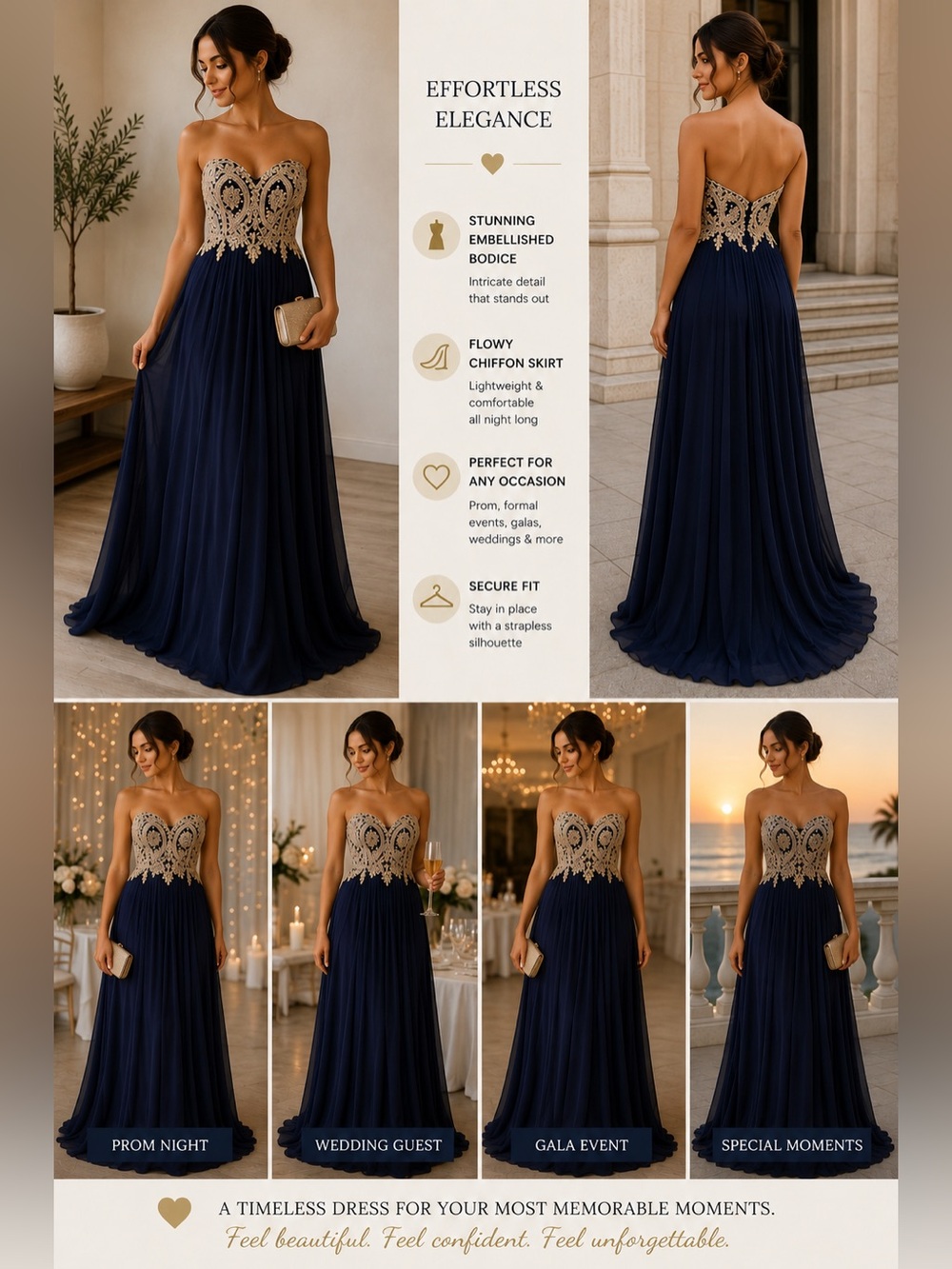 Navy Strapless Chiffon Gown with Gold Embellished Bodice
